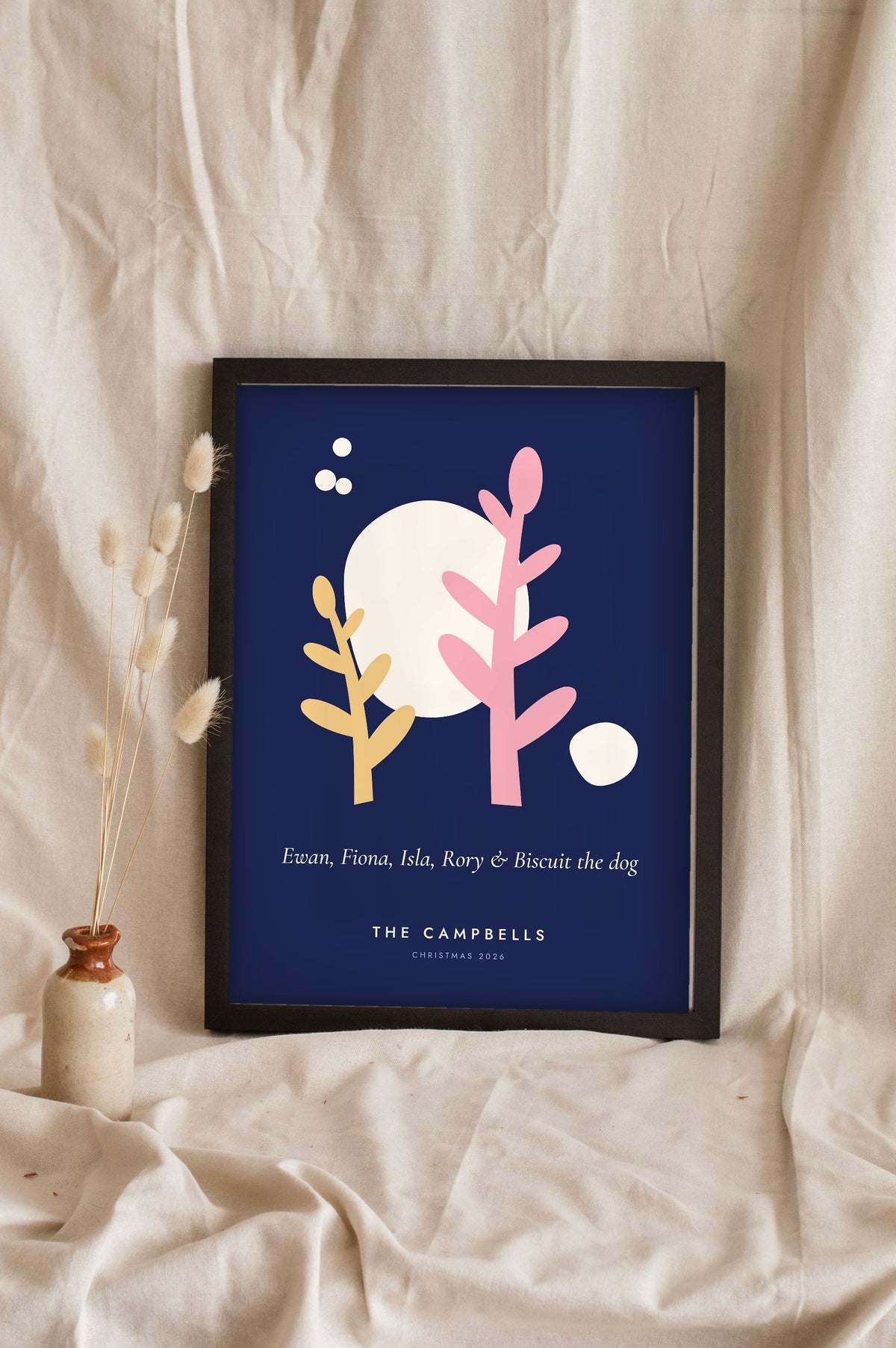 Personalised Matisse Cut-Out Family Print - midnight blue cut-out family print leaning on a shelf