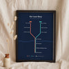 Personalised Metro Map Print - navy love story metro map leaning on a shelf
