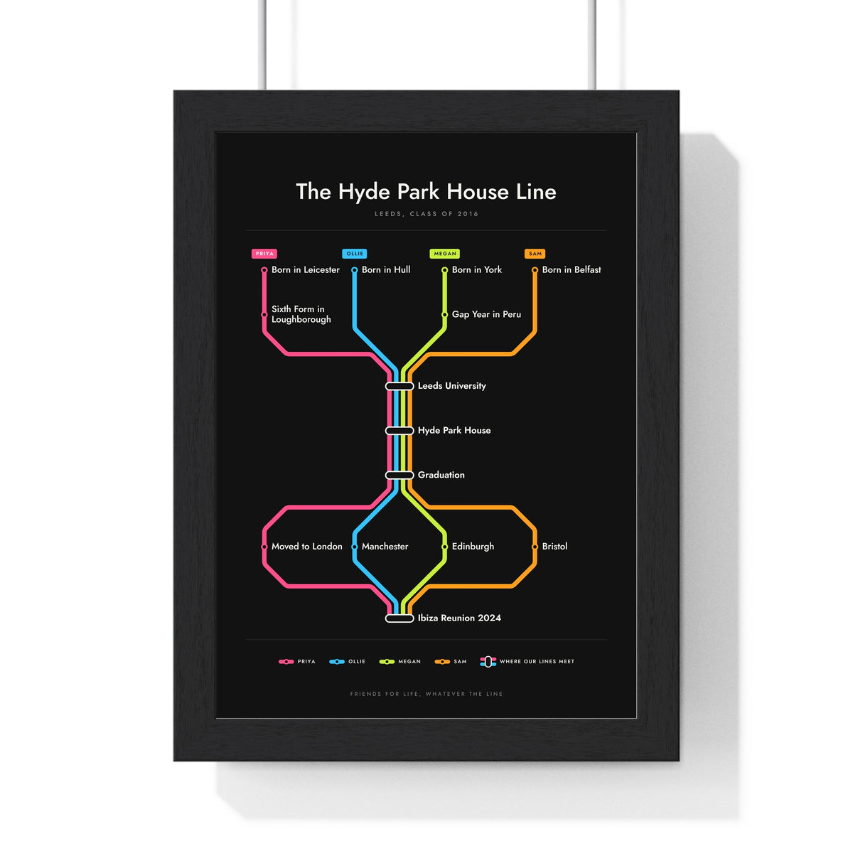 Personalised Metro Map Print - framed black map of four university friends