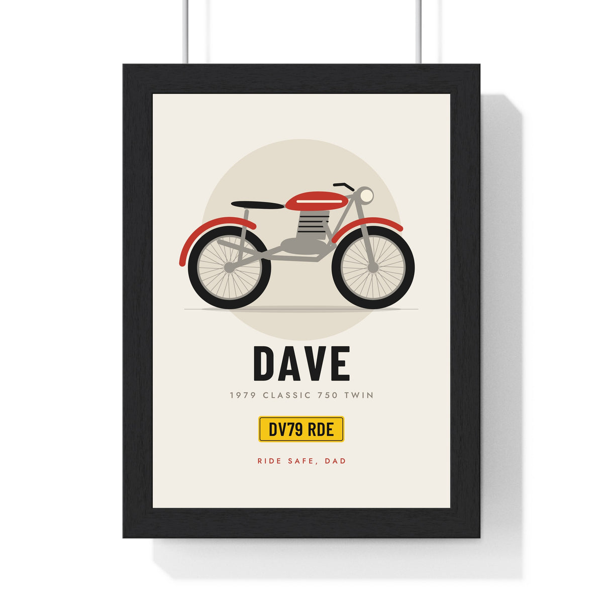 Personalised Motorbike Print - framed cream motorbike print with a red classic twin and a yellow number plate