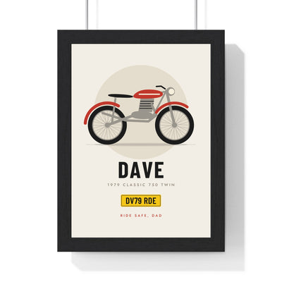 Personalised Motorbike Print - framed cream motorbike print with a red classic twin and a yellow number plate