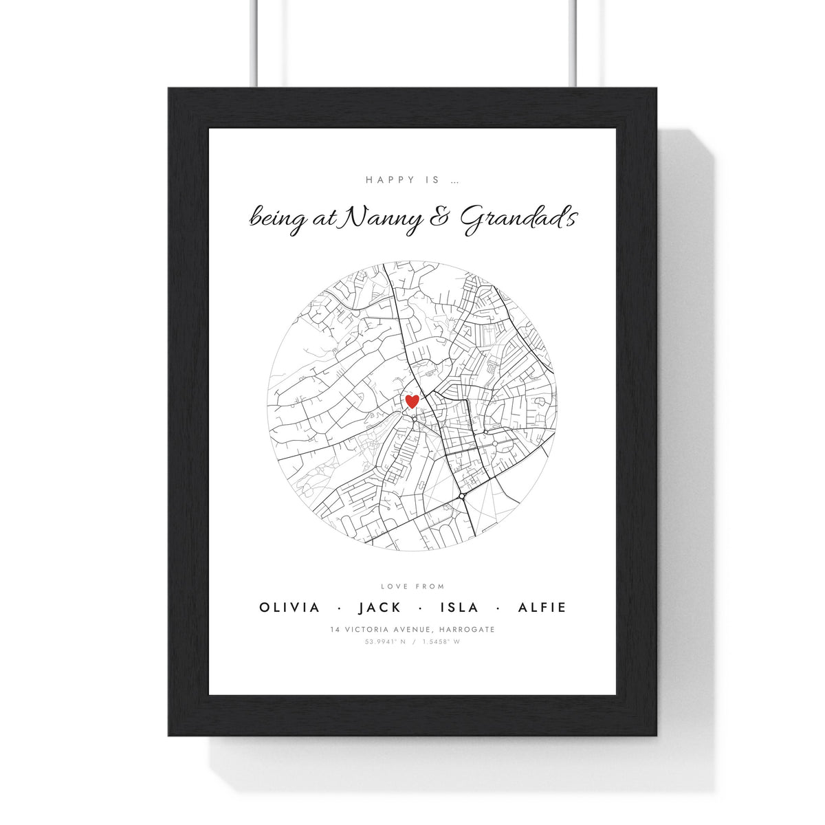 Personalised Nanny and Grandad House Map Print - framed white circle street map with a heart on Nanny and Grandad's house