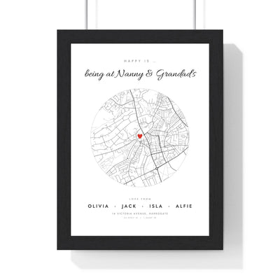 Personalised Nanny and Grandad House Map Print - framed white circle street map with a heart on Nanny and Grandad's house