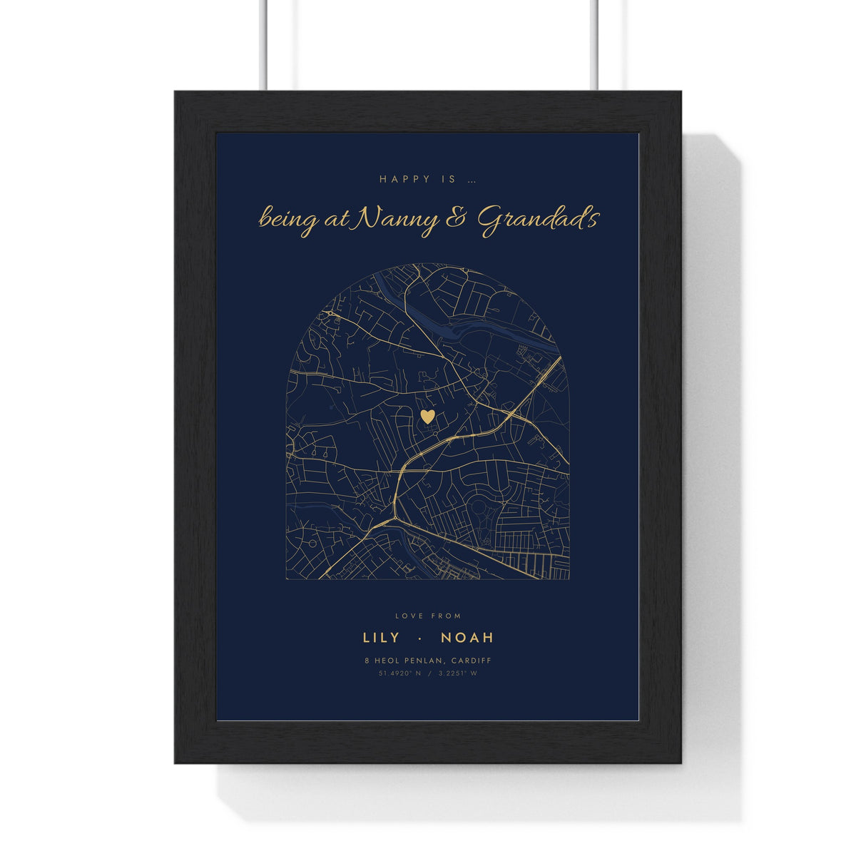 Personalised Nanny and Grandad House Map Print - framed navy and gold arch version for two grandchildren