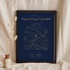 Personalised Nanny and Grandad House Map Print - navy and gold arch map leaning on a shelf