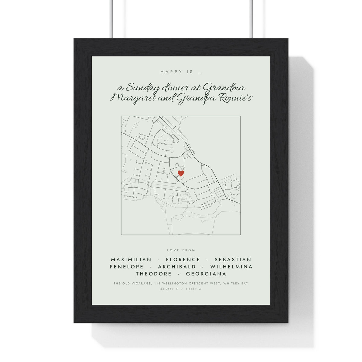 Personalised Nanny and Grandad House Map Print - framed sage full page map with eight grandchildren