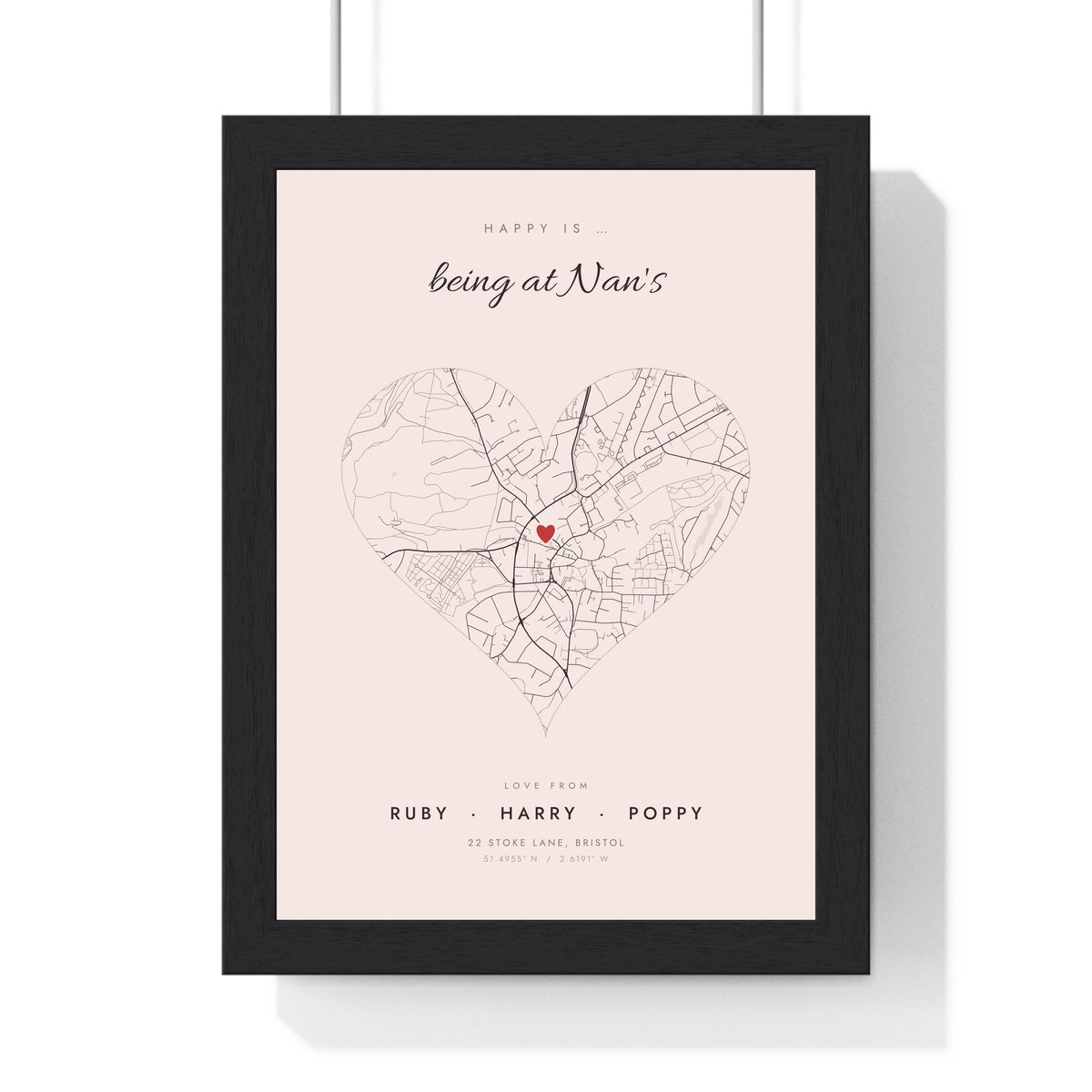 Personalised Nanny and Grandad House Map Print - framed blush heart map, Happy is being at Nan's