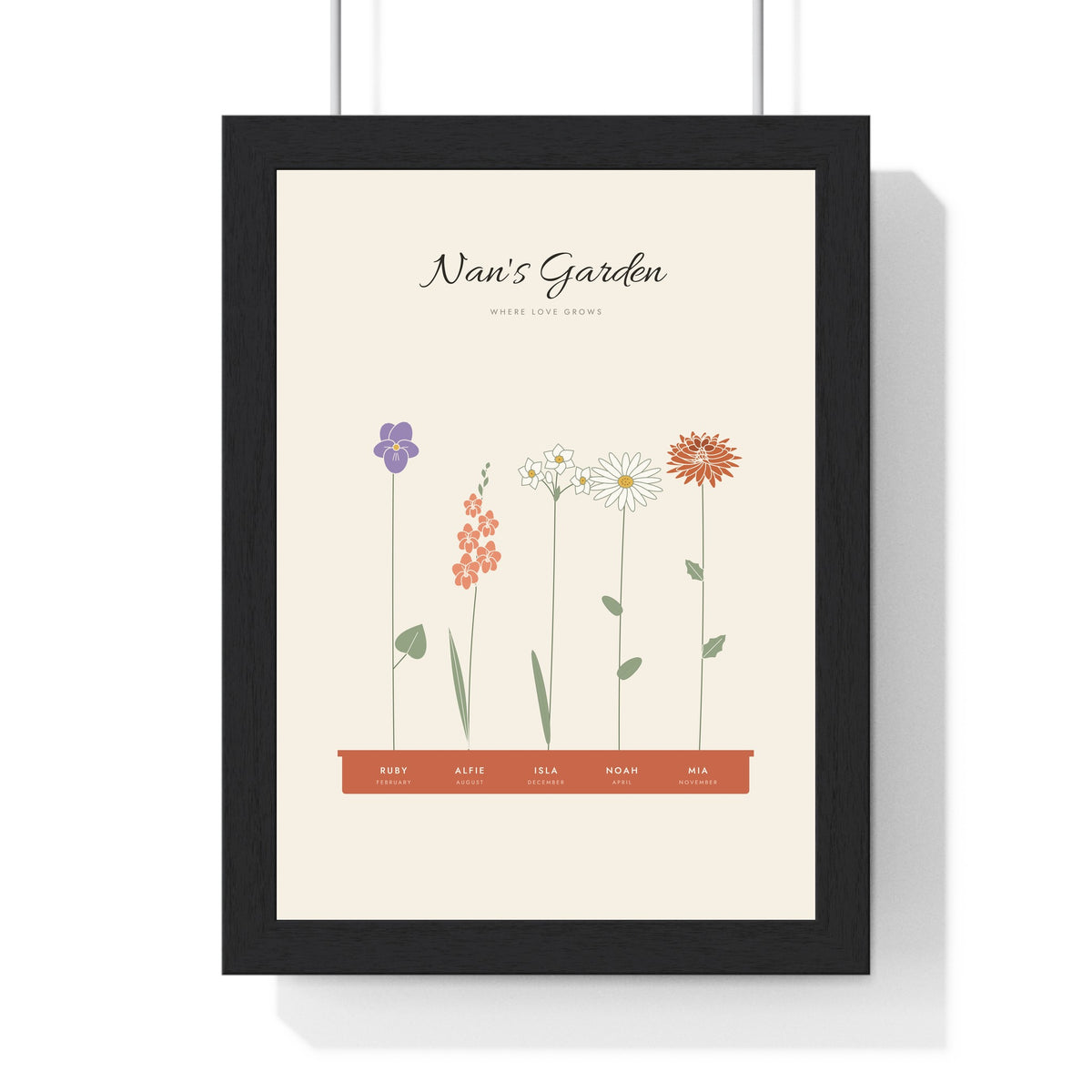 Personalised Nan's Garden Birth Flower Print - framed cream garden of five grandchildren's flowers