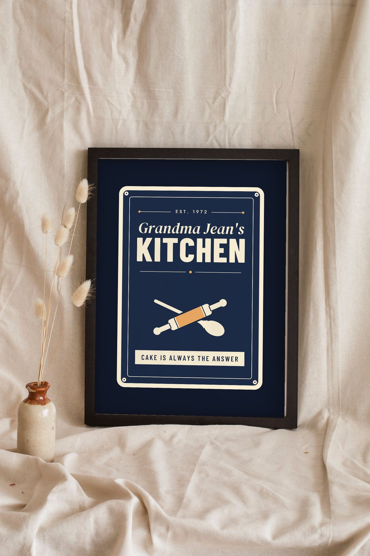 Personalised Nan's Kitchen Print - navy Grandma Jean's version with rolling pin
