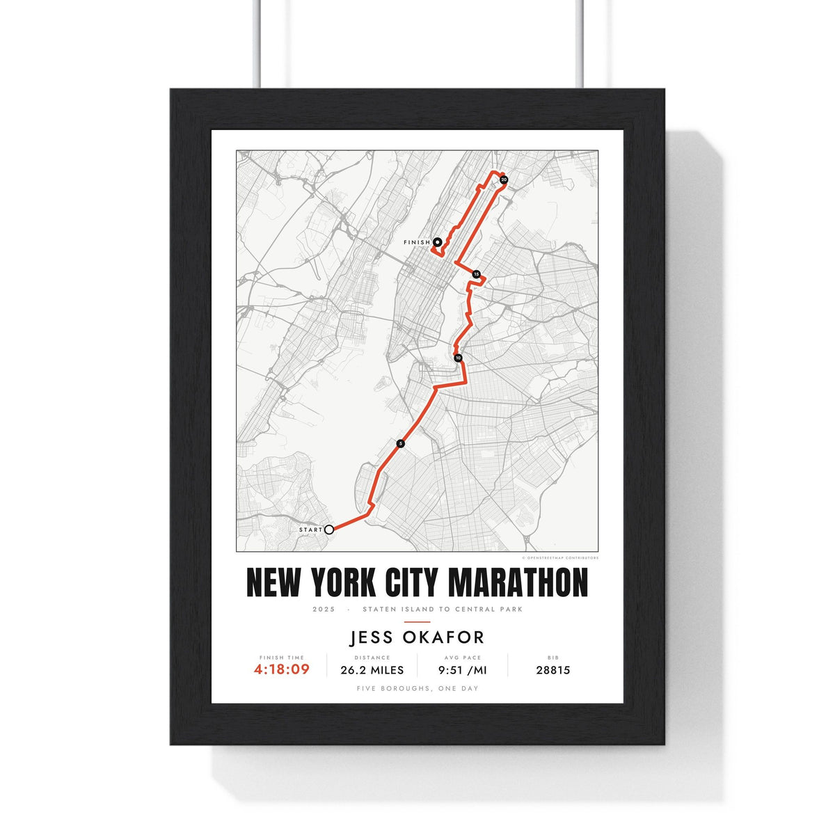 Personalised New York City Marathon Print - framed street map New York City Marathon route print with name and finish time