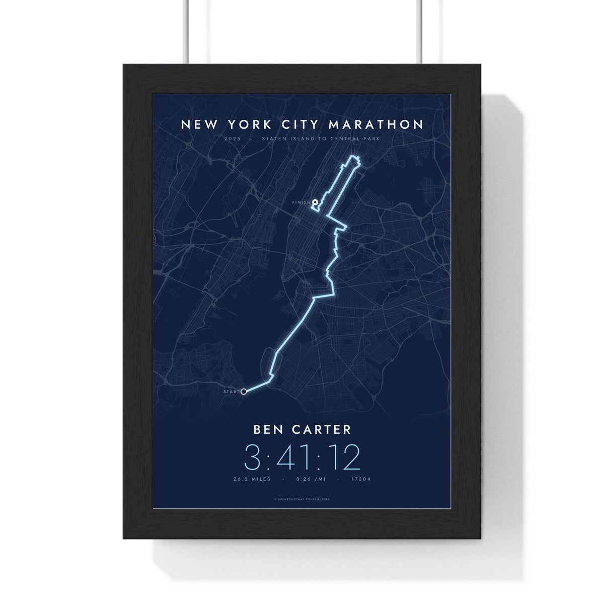 Personalised New York City Marathon Print - framed night style New York City Marathon route print