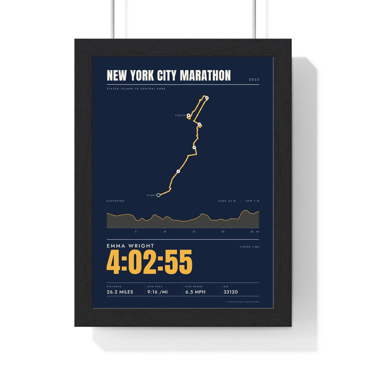 Personalised New York City Marathon Print - framed stats style New York City Marathon print with elevation profile