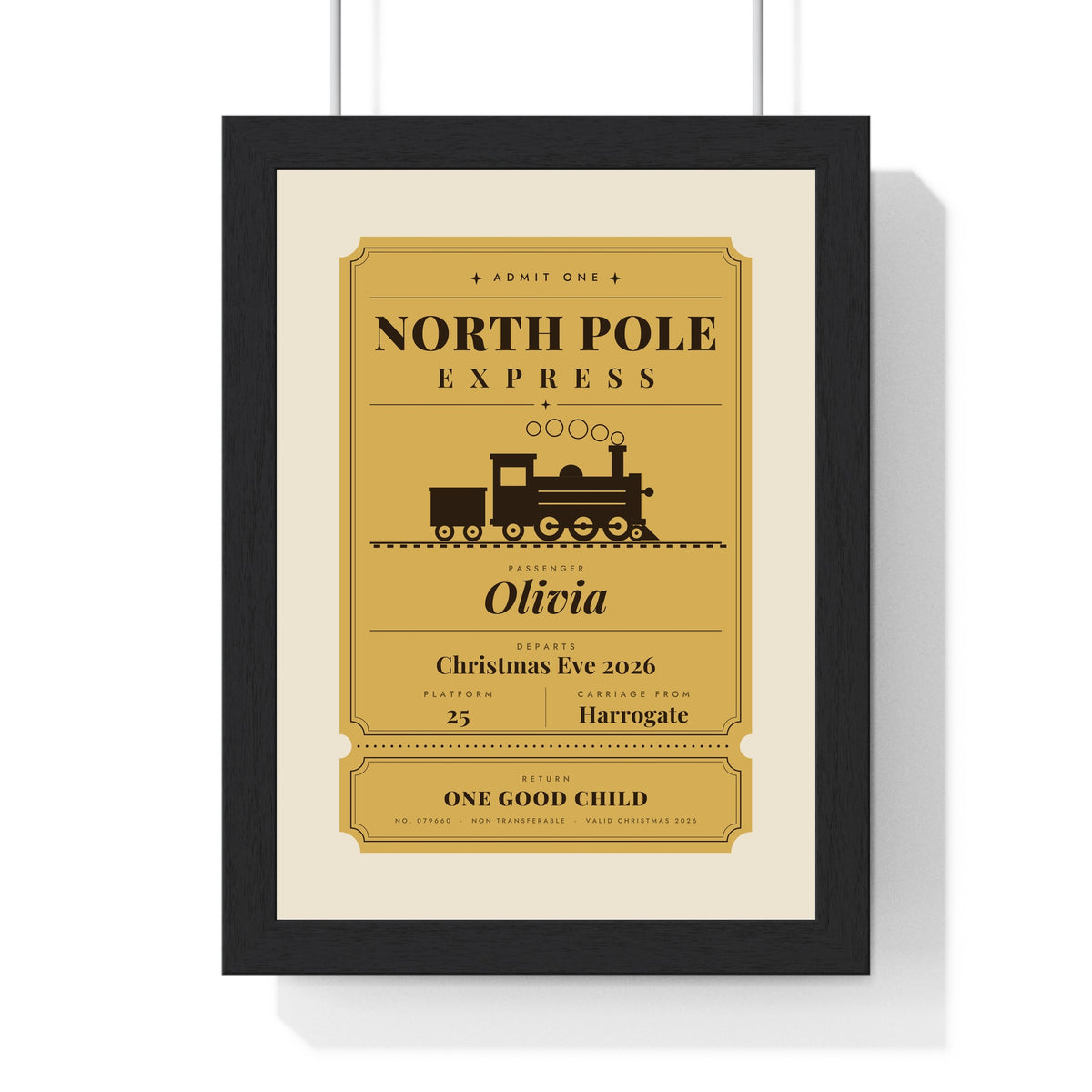 Personalised North Pole Express Ticket Print - framed North Pole Express golden ticket print on cream