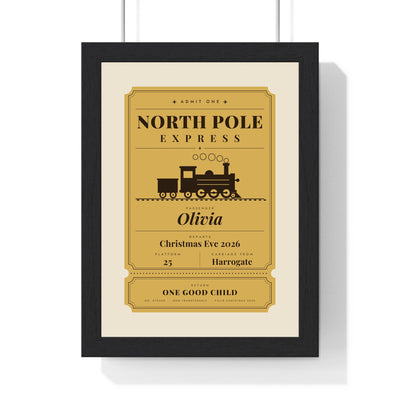 Personalised North Pole Express Ticket Print - framed North Pole Express golden ticket print on cream