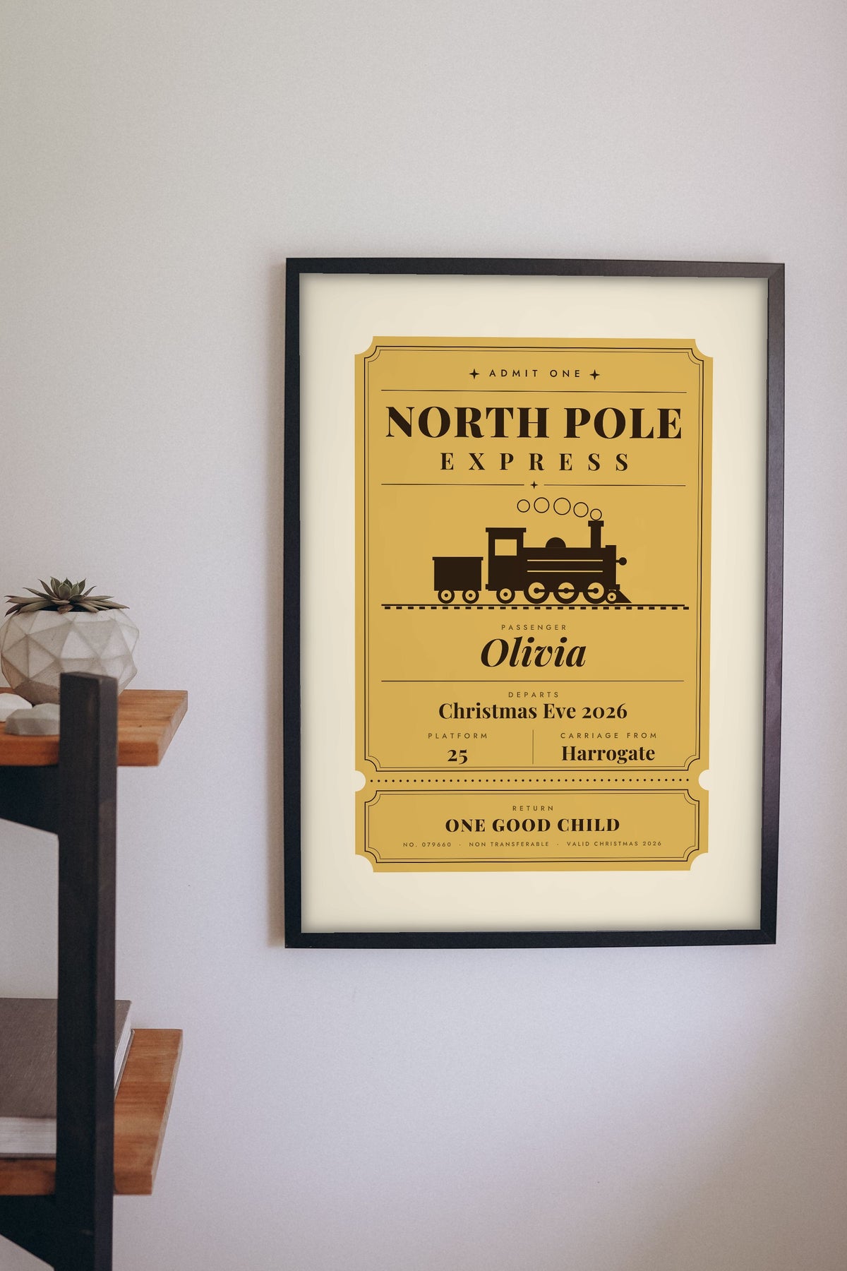 Personalised North Pole Express Ticket Print - golden ticket print on a child's bedroom wall