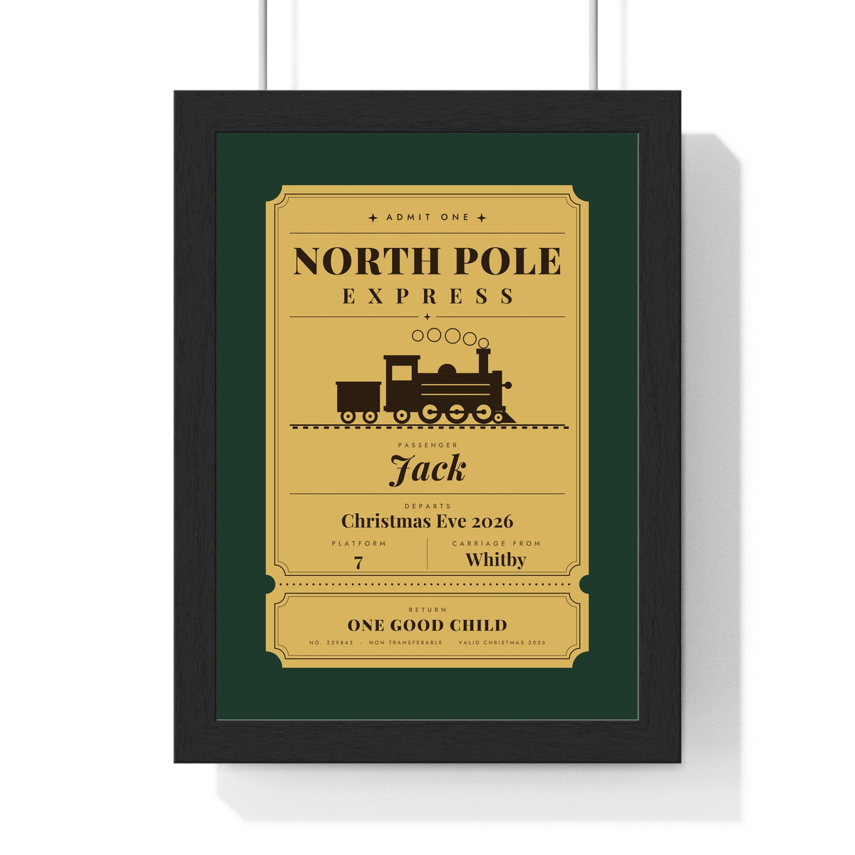Personalised North Pole Express Ticket Print - framed gold on green version