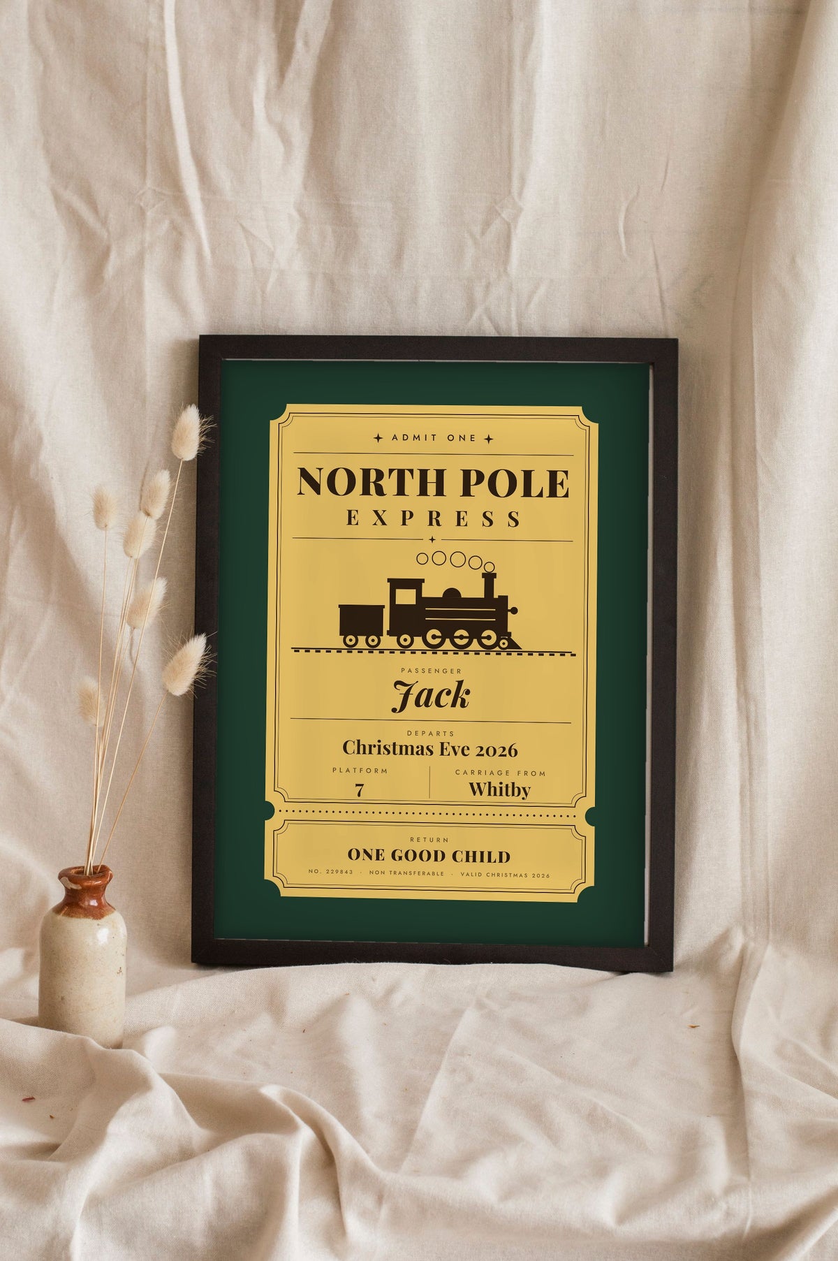 Personalised North Pole Express Ticket Print - gold on green ticket for Jack