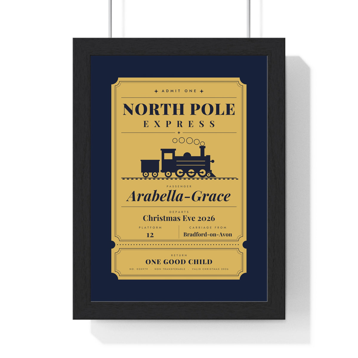 Personalised North Pole Express Ticket Print - framed gold on navy version with a long name