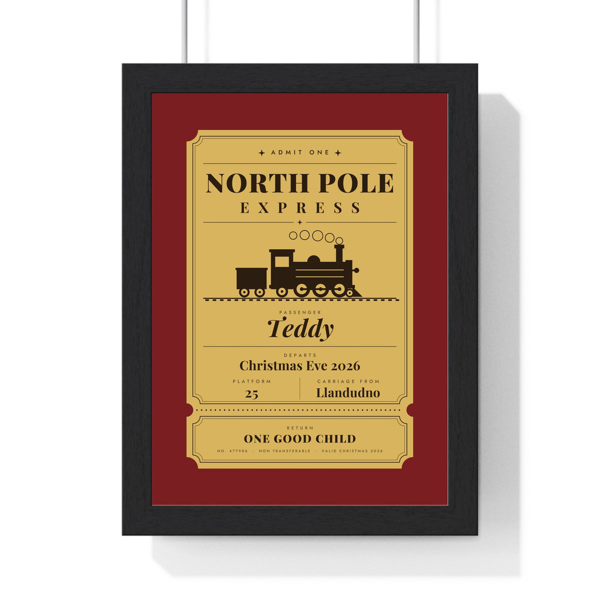 Personalised North Pole Express Ticket Print - framed gold on red version