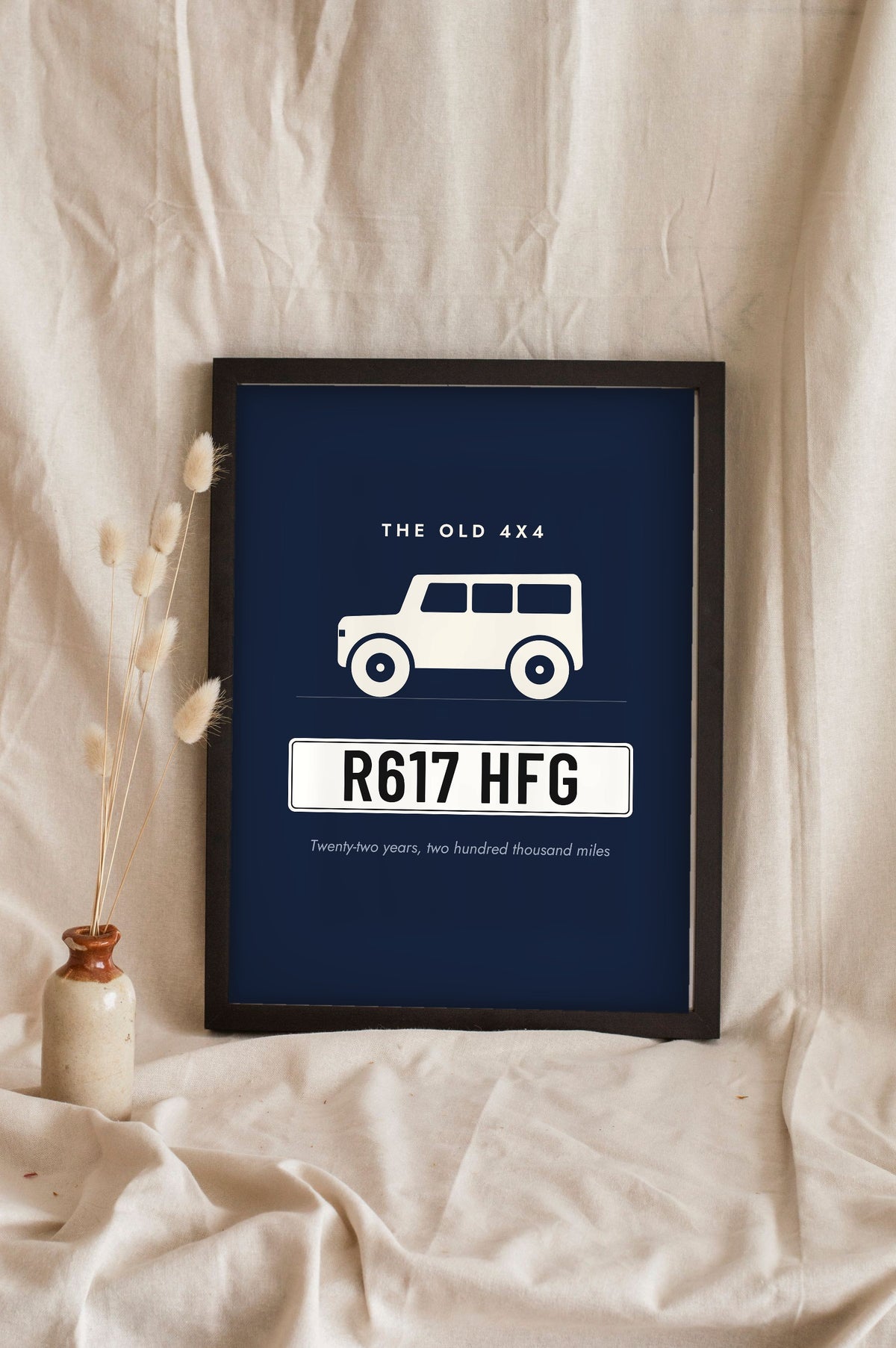 Personalised Number Plate Print - navy version with a 4x4 and white front plate
