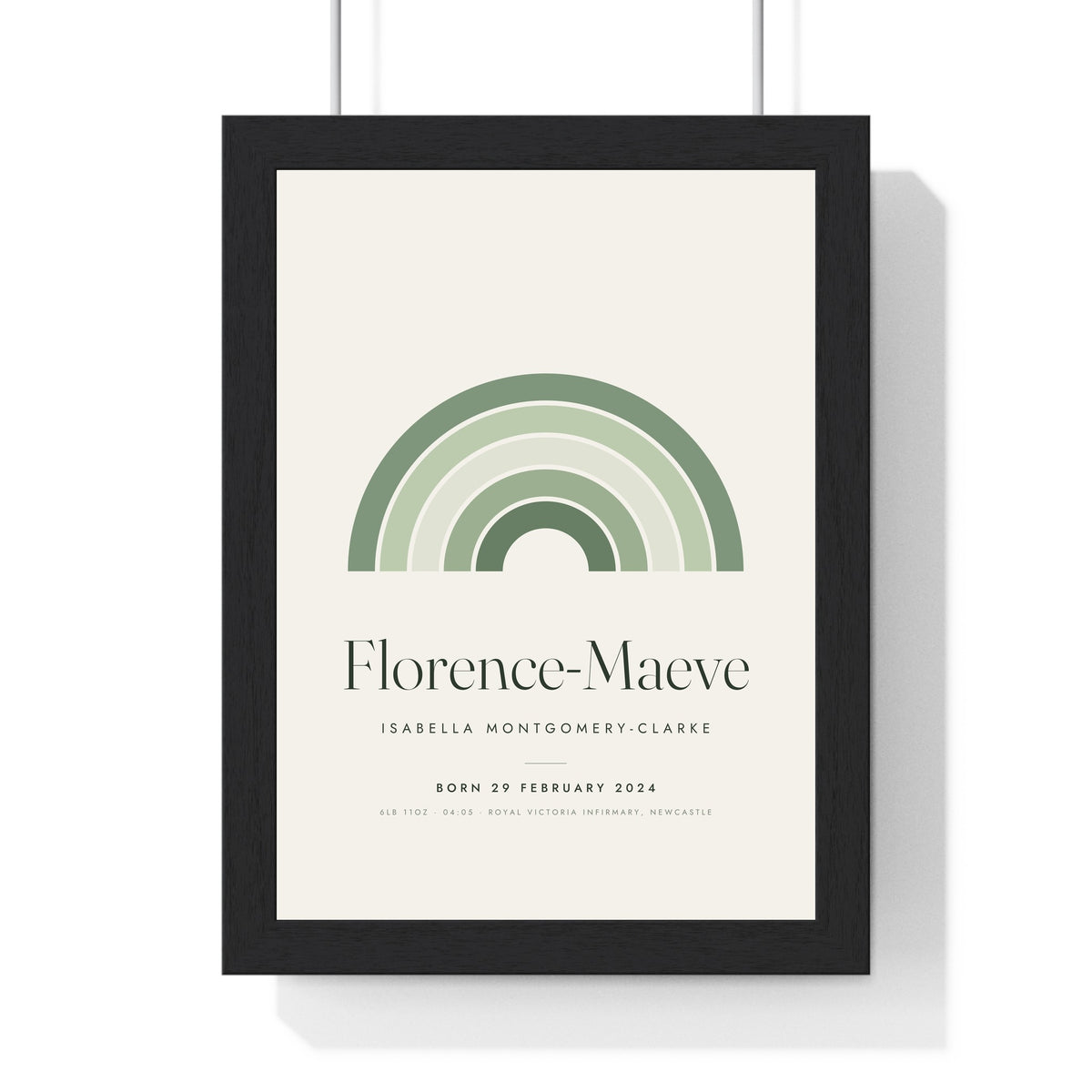 Personalised Nursery Name Print - framed sage version with a long name