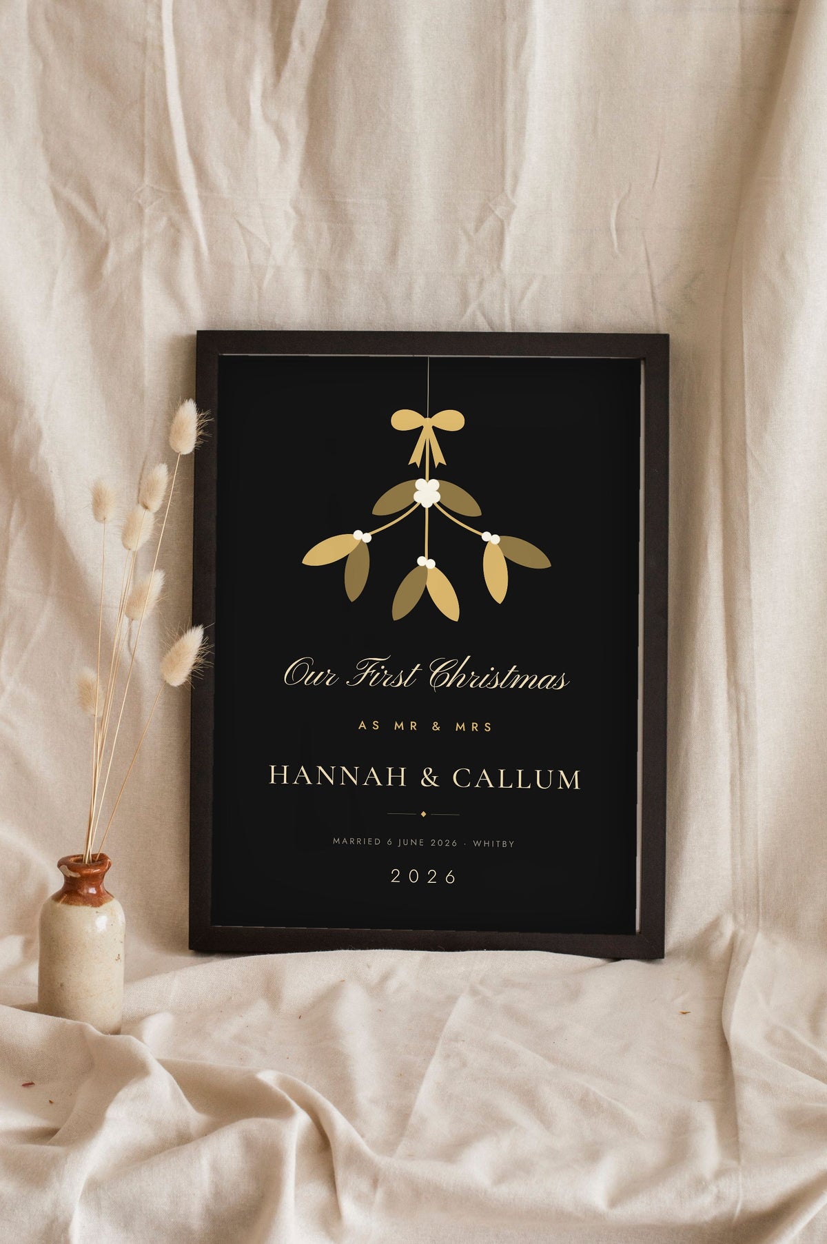Personalised Our First Christmas Together Print - black and gold first Christmas as Mr and Mrs print