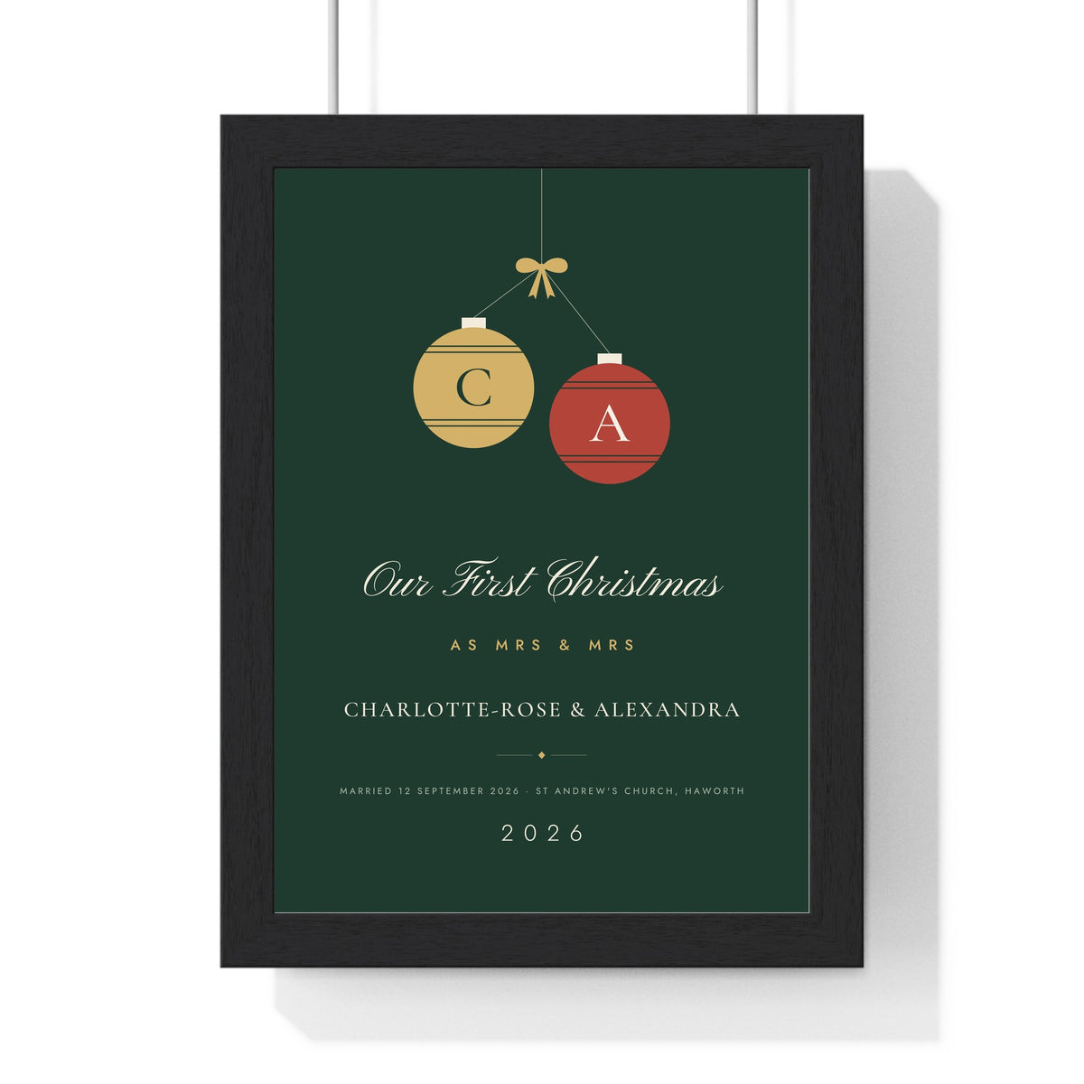 Personalised Our First Christmas Together Print - framed deep green Mrs and Mrs version with baubles