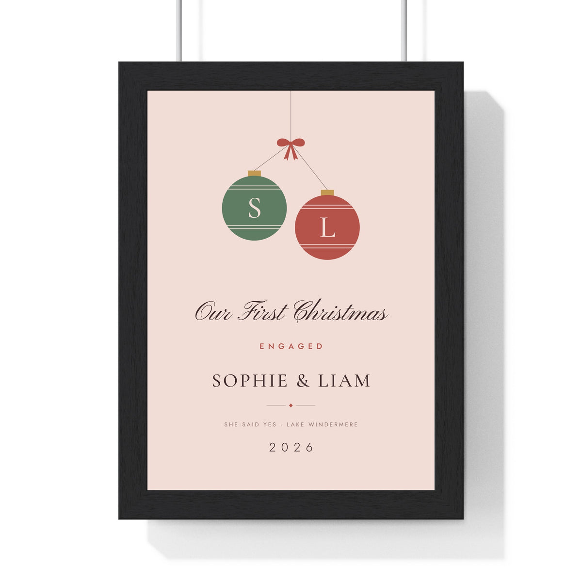 Personalised Our First Christmas Together Print - framed blush engaged version with initial baubles