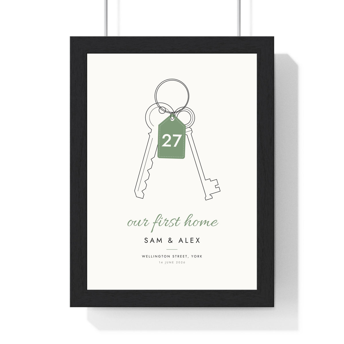 Personalised Our First Home Print - framed our first home keys print with sage number tag