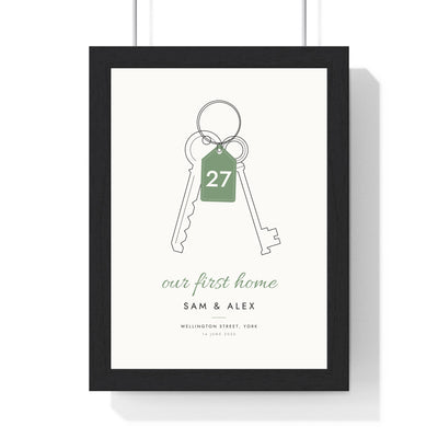 Personalised Our First Home Print - framed our first home keys print with sage number tag