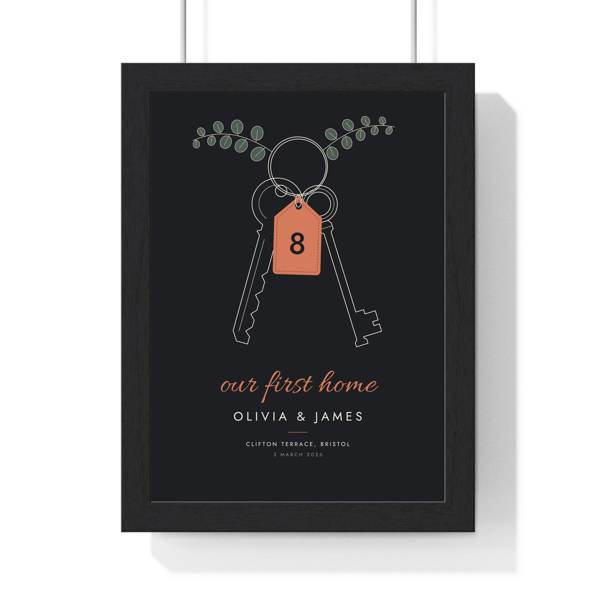 Personalised Our First Home Print - framed charcoal keys and eucalyptus print