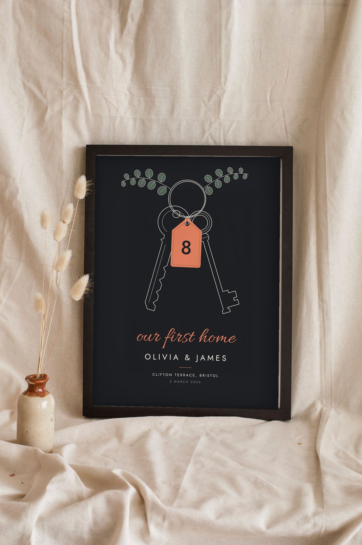 Personalised Our First Home Print - charcoal keys and eucalyptus print with terracotta tag