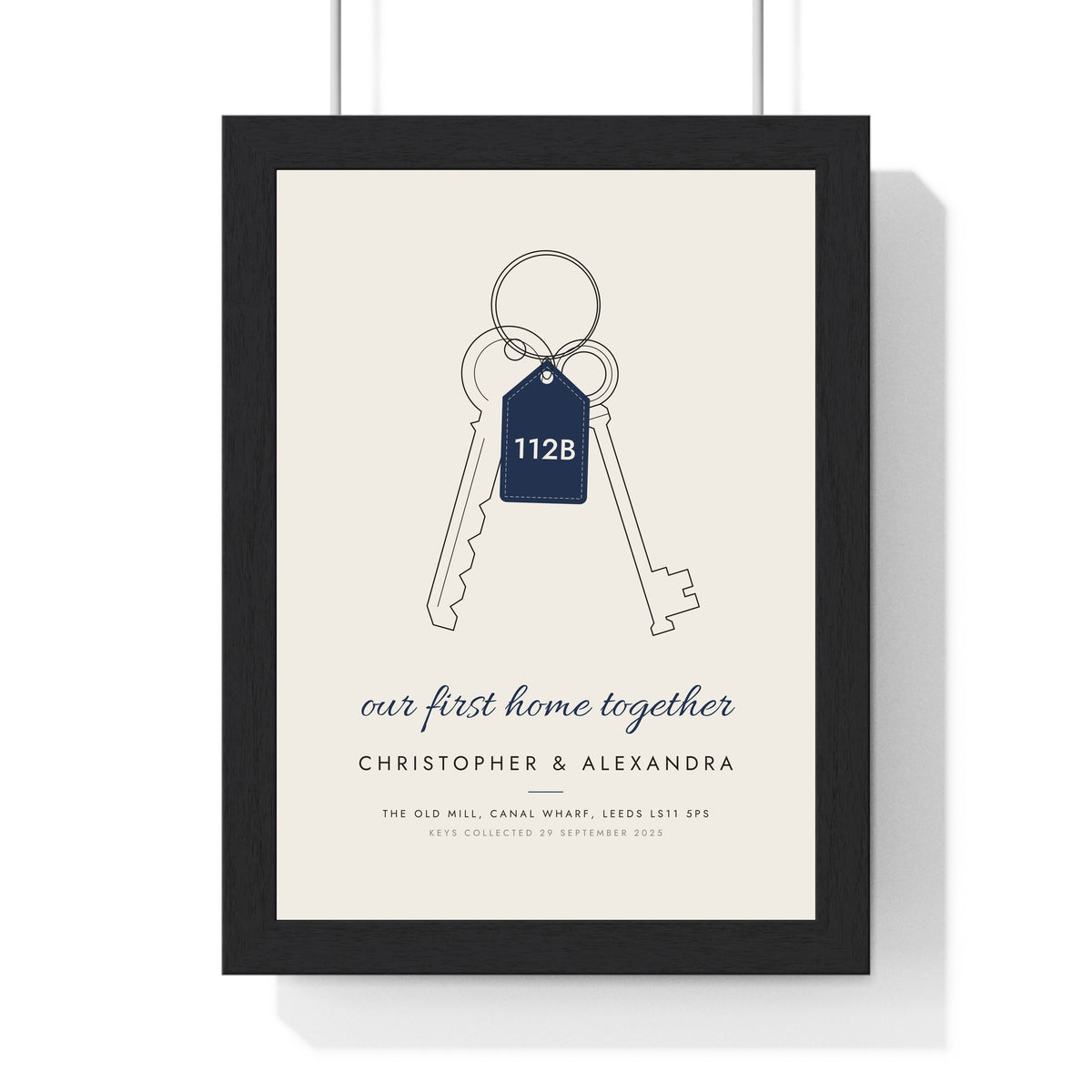 Personalised Our First Home Print - framed stone keys print with navy tag