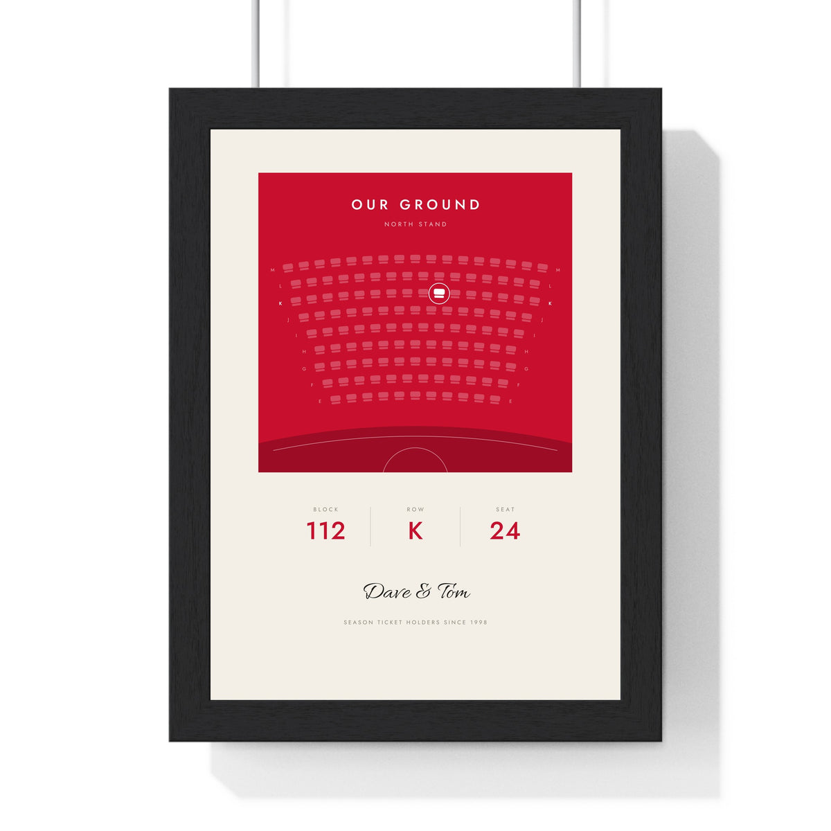 Personalised Our Seat Football Print - framed Our Seat print, red block with the seat picked out in white