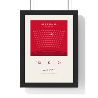 Personalised Our Seat Football Print - framed Our Seat print, red block with the seat picked out in white