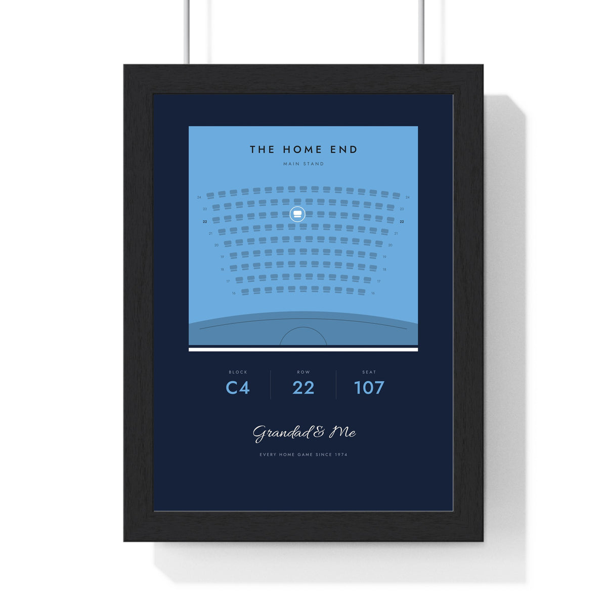 Personalised Our Seat Football Print - framed sky blue and navy version