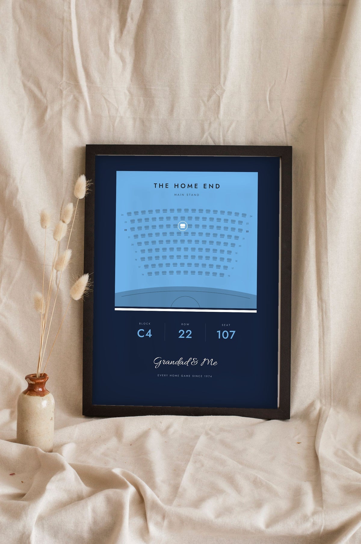 Personalised Our Seat Football Print - sky blue block on navy, Grandad and Me