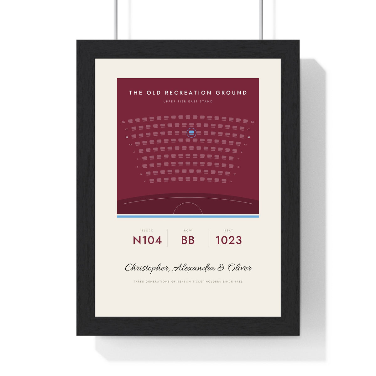 Personalised Our Seat Football Print - framed claret and sky blue version with three names