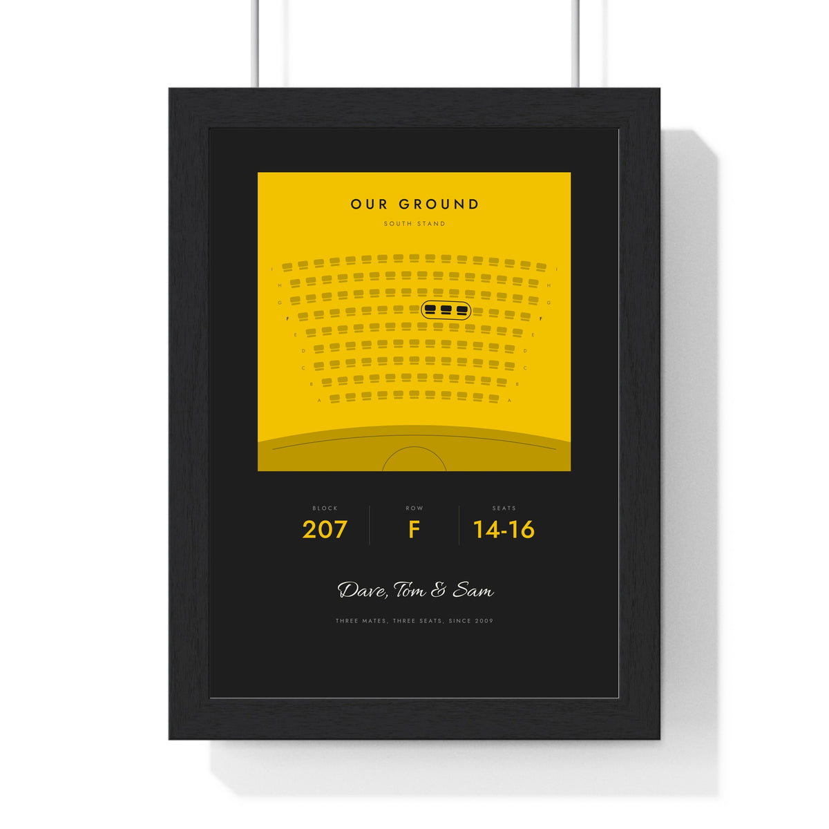 Personalised Our Seat Football Print - framed yellow and black version with three seats together for three mates