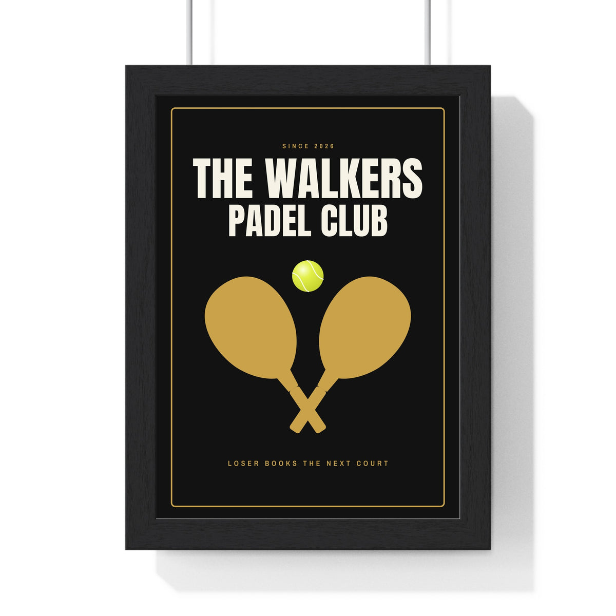 Personalised Padel Club Sign Print - framed black and gold version