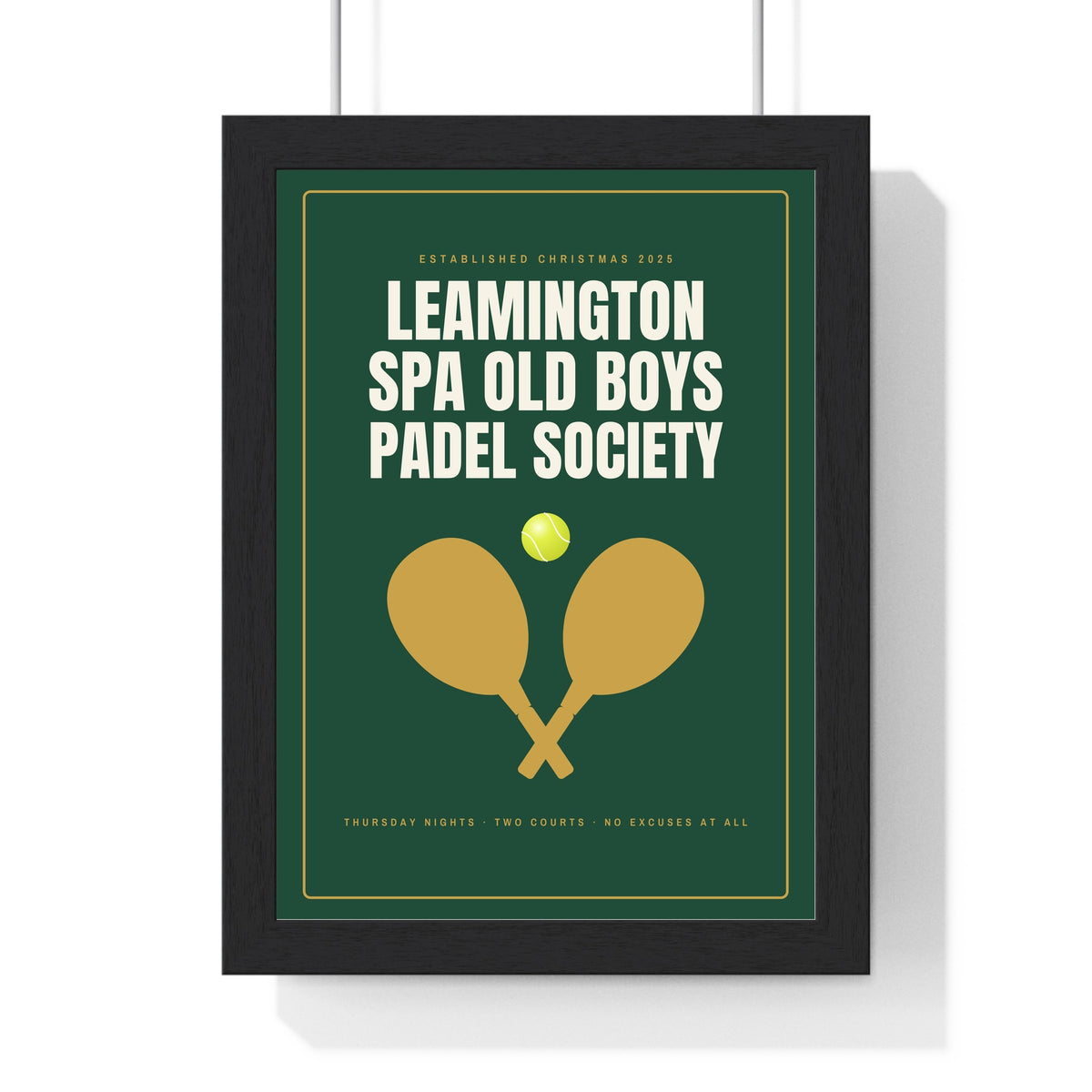 Personalised Padel Club Sign Print - framed green and gold version with a long club name