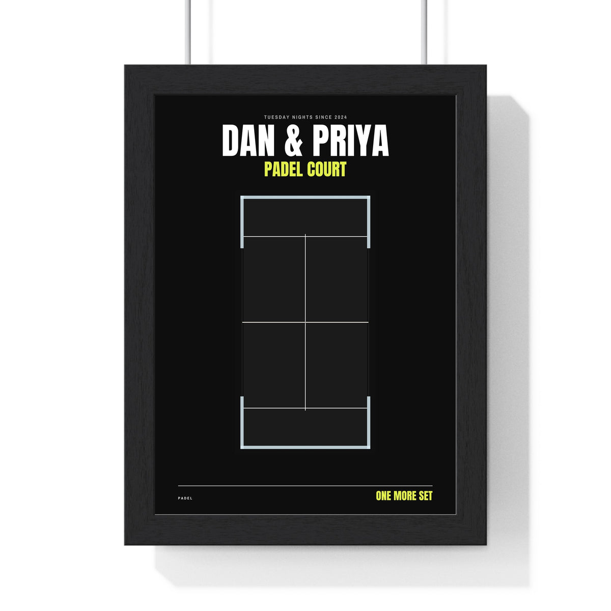 Personalised Padel Court Print - framed black padel court print with names