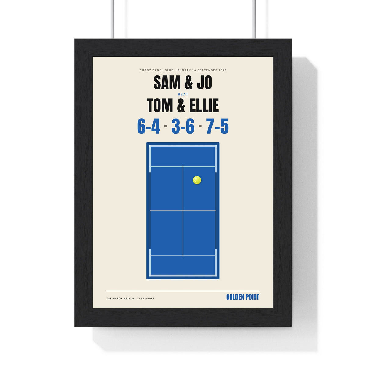 Personalised Padel Match Print - framed personalised padel match print, Sam and Jo beat Tom and Ellie