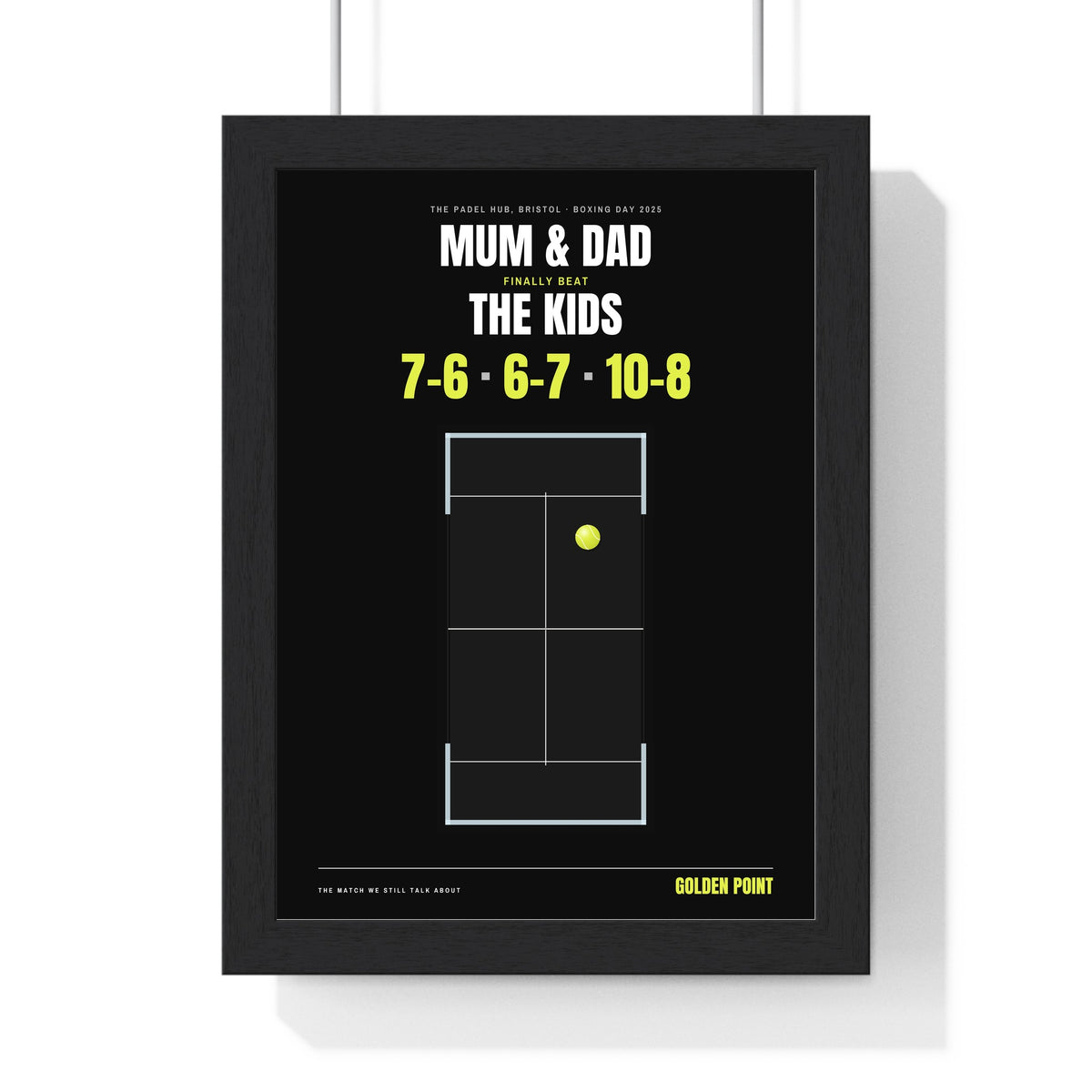 Personalised Padel Match Print - framed black padel match print, a family match