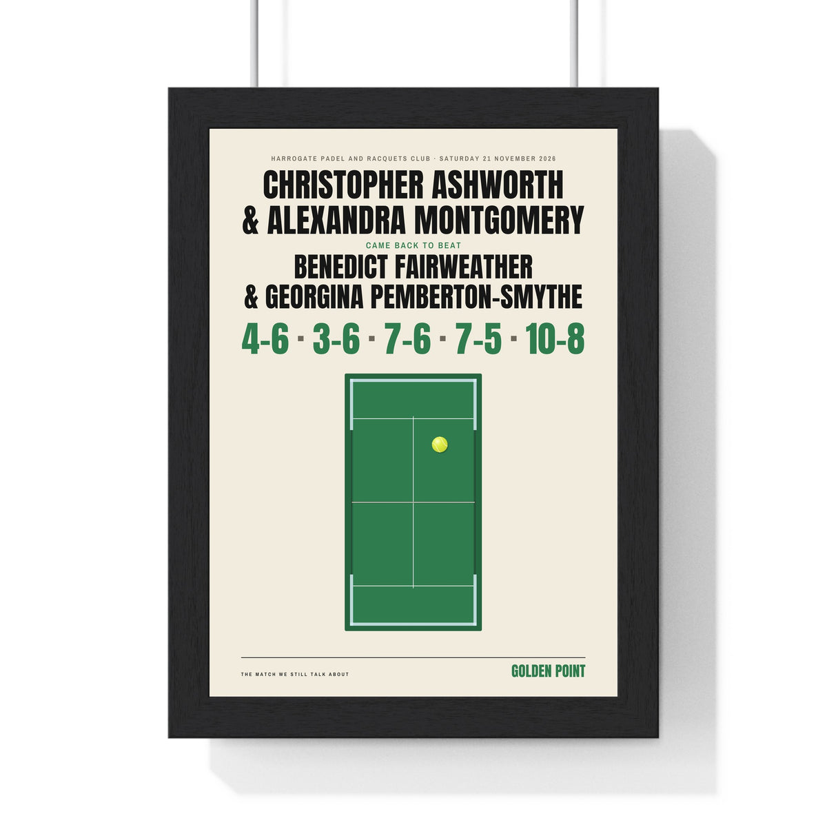 Personalised Padel Match Print - framed green padel match print with a five set score