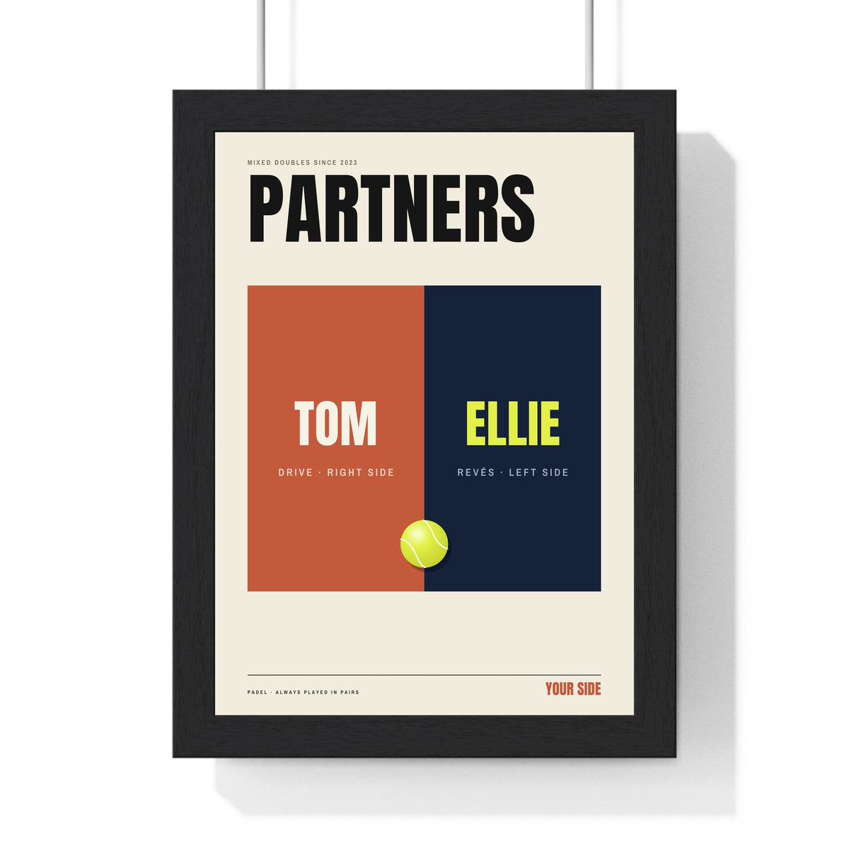 Personalised Padel Partners Print - framed terracotta and navy version