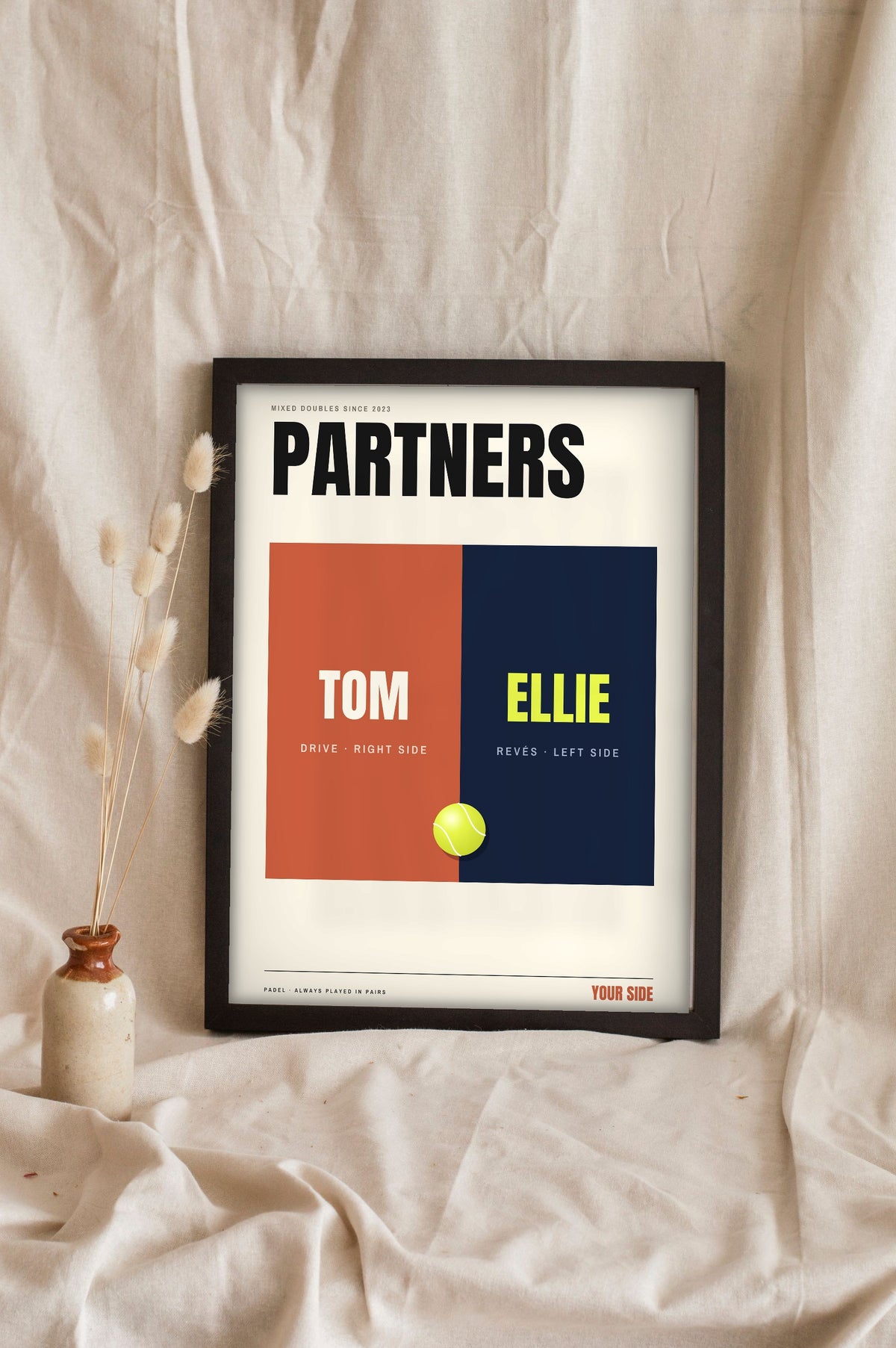 Personalised Padel Partners Print - terracotta and navy version for a mixed doubles pair