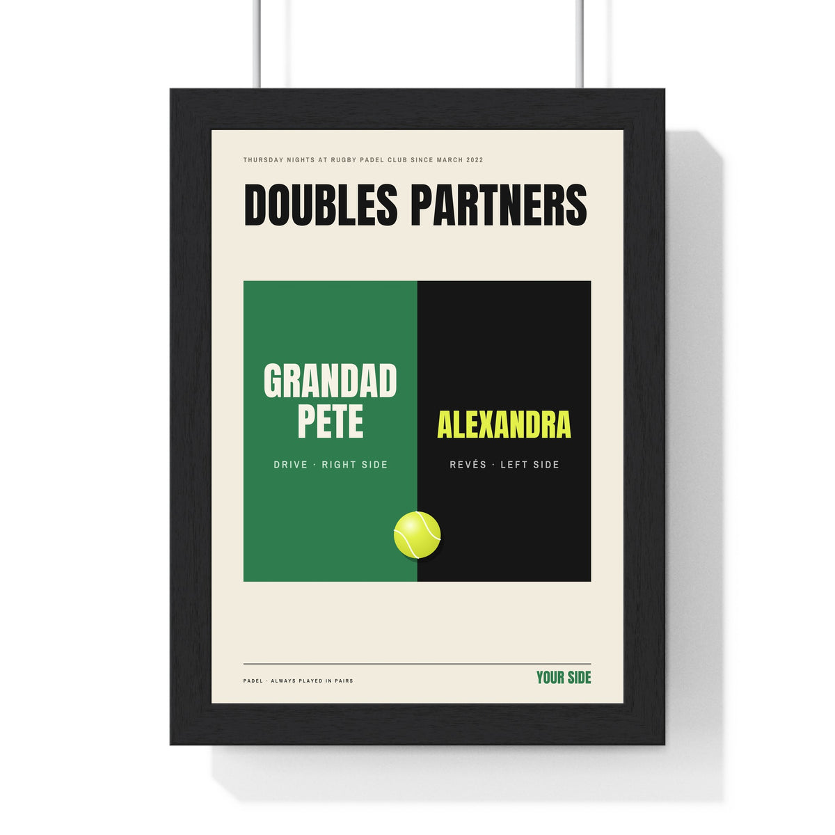 Personalised Padel Partners Print - framed green and black version with longer names