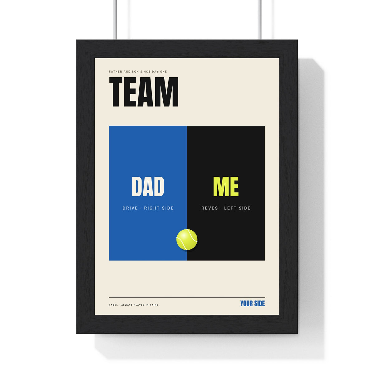 Personalised Padel Partners Print - framed blue version for a dad and son pair