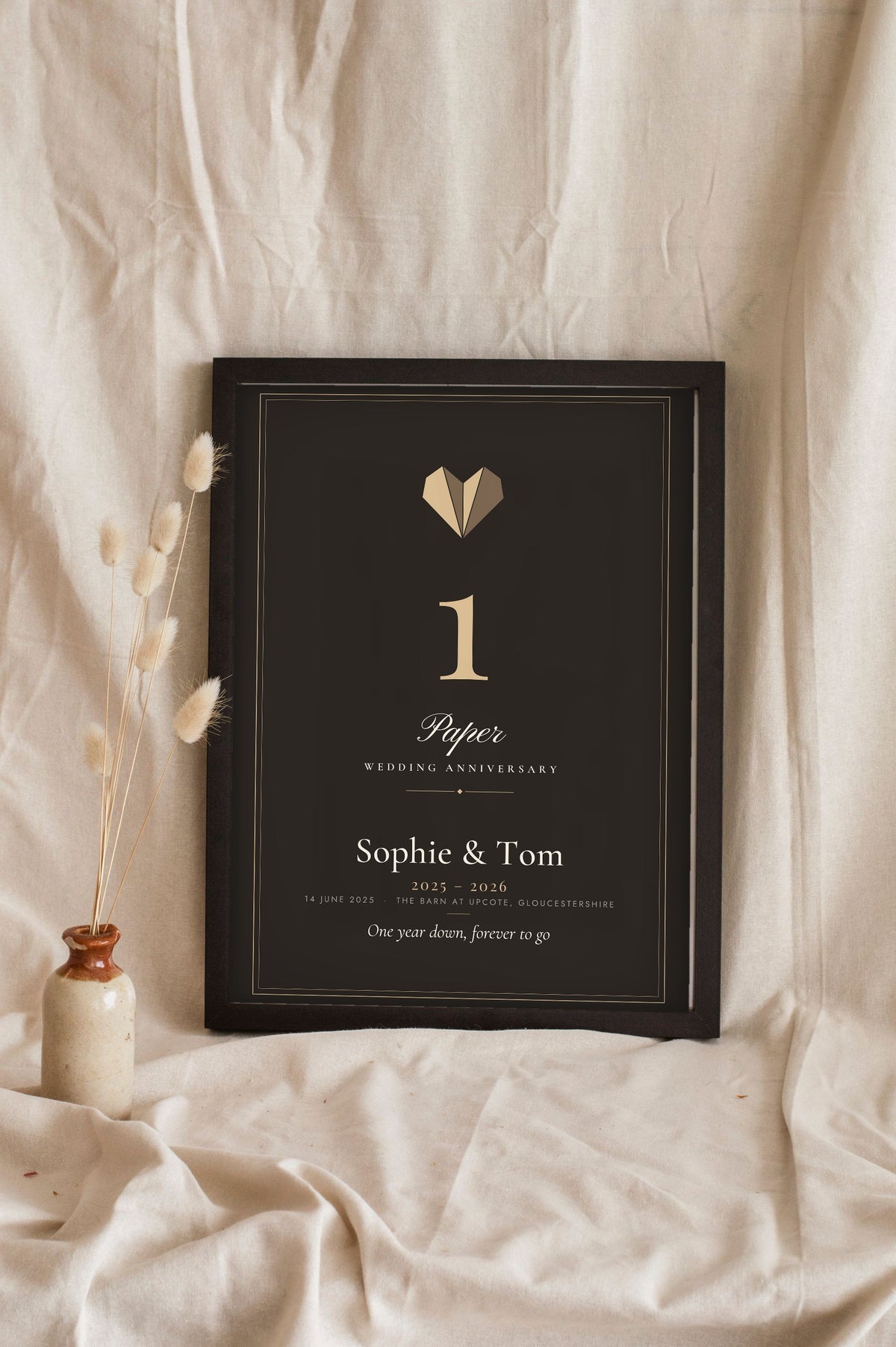 Personalised Paper Anniversary Print - leaning in a frame, dark